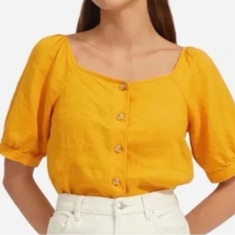Everlane Yellow Square-Neck Puff-Sleeve Button Front Top